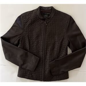 Allan Dennis Woven Leather Moto Jacket Women XS Brown Soft Textured Full Zipper